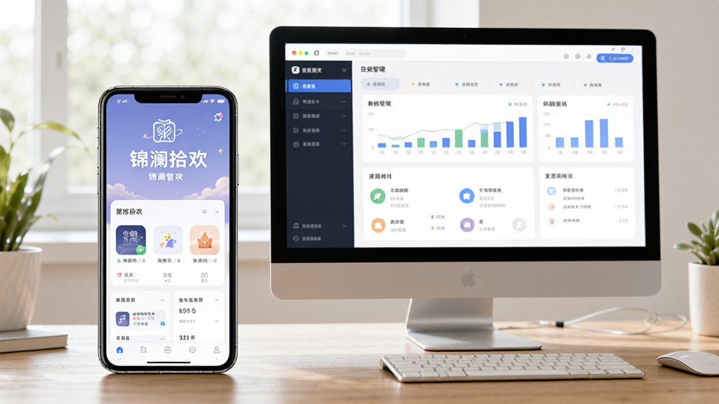 画面主体为一部手机和一台电脑并排放在书桌上,手机屏幕显示“锦澜拾欢”应用主界面,电脑屏幕显示后台管理页面。布局为平视角度,突出设备间的协同操作。整体风格为写实摄影风,色彩明亮自然,细节上强调手机屏幕的清晰度和电脑界面的数据图表,画质干净无多余元素。