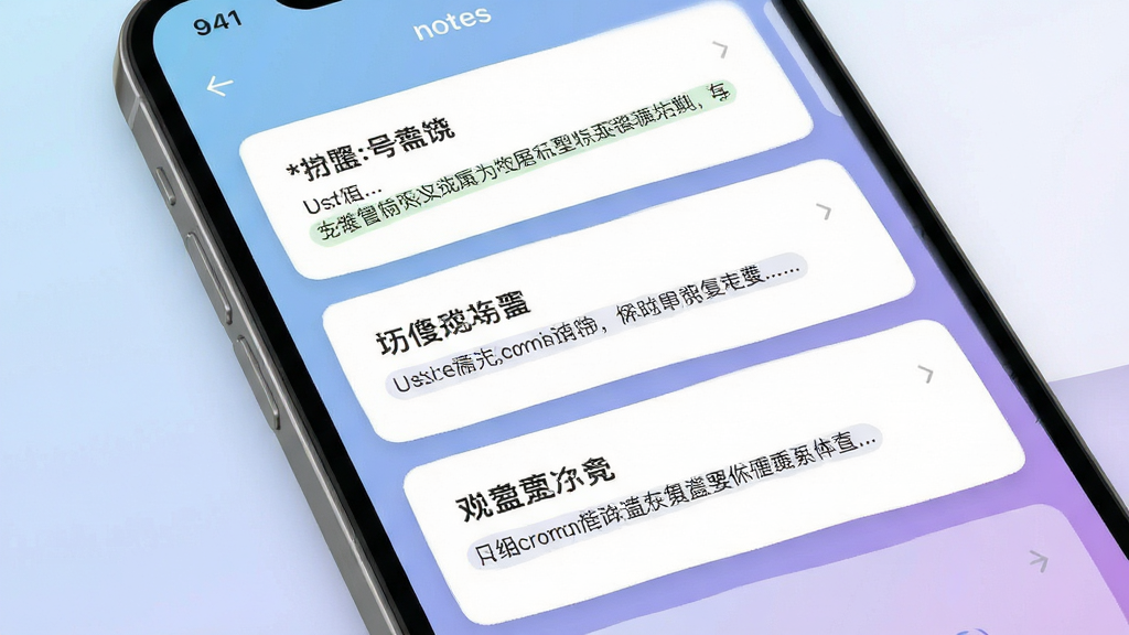 一幅展示分号记事本应用界面的高清渲染图,主体为一部智能手机屏幕特写,屏幕内显示简约的笔记列表,每条笔记以卡片形式排列,背景为柔和的蓝紫渐变,整体布局干净清爽,排版留白充足,风格为现代扁平化设计,细节包括笔记标题和部分正文预览文字,画质清晰干净,无多余元素