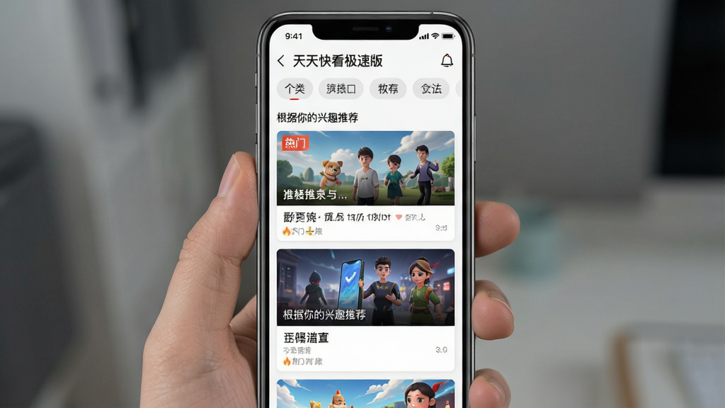 主体:手机界面展示“天天快看极速版”的个性化推荐页面,上方是分类标签栏,下方是内容卡片流,每张卡片配有精美配图和标题。布局:手机竖屏居中,界面元素清晰,突出推荐算法的精准性。排版:卡片式布局,错落有致。风格:写实与UI界面结合风格。细节:界面中显示“根据你的兴趣推荐”字样,部分卡片带有“热门”标签。画质:高清,干净,无多余元素。