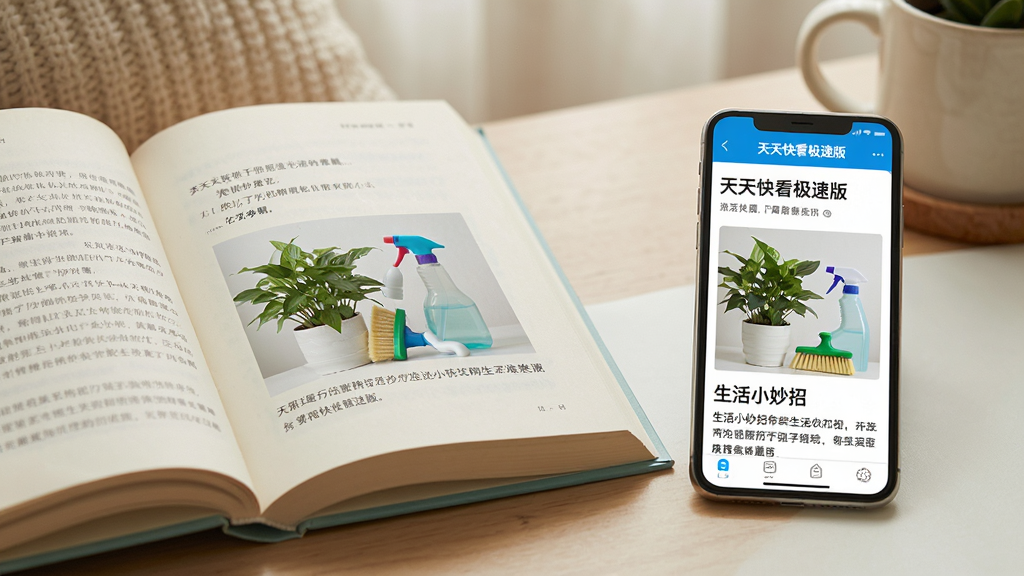 主体:一本翻开的实体书籍旁边放着一部手机,手机屏幕显示“天天快看极速版”中关于生活小妙招的文章,配图是绿植和清洁工具。布局:书籍在左,手机在右,形成对比。排版:温馨的家居场景布置。风格:写实摄影风格,光线柔和。细节:文章标题可见,配图清晰。画质:高清,干净,无多余元素。