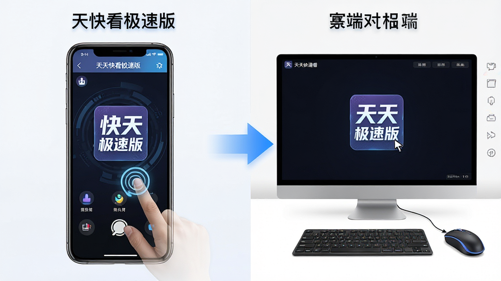 主体:一张分屏对比图,左侧是手机端“天天快看极速版”的界面,右侧是电脑端模拟器运行该应用的界面。布局:左右对称,中间用箭头连接。排版:清晰展示两种设备的操作方式。风格:科技感UI对比风格。细节:手机端显示触摸手势,电脑端显示鼠标指针。画质:高清,干净,无多余元素。