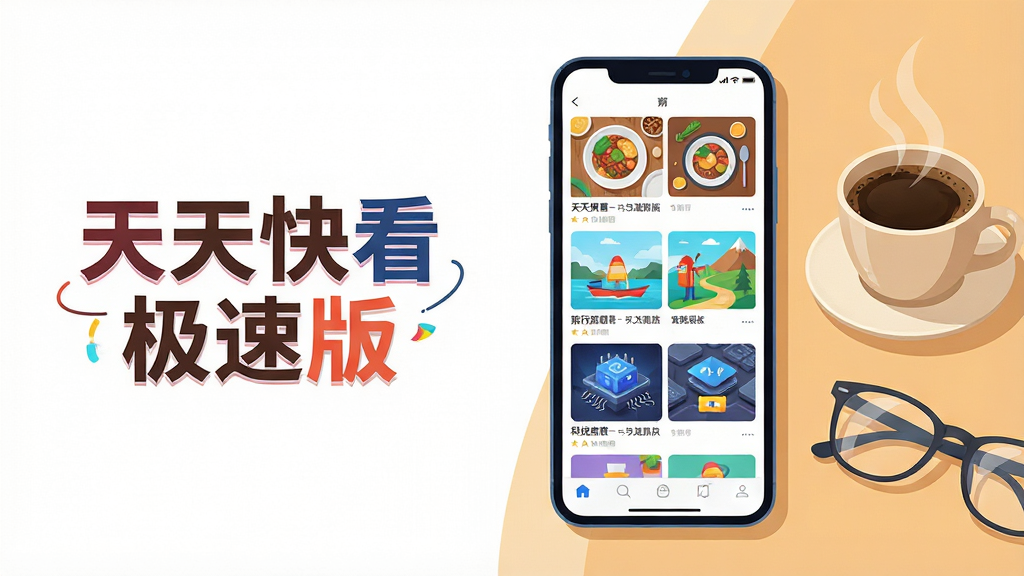主体:一部亮着屏幕的智能手机,屏幕上显示着色彩丰富、分类清晰的资讯瀑布流,包含美食、旅行、科技等板块的缩略图,手机旁边摆放着一杯咖啡和一副眼镜。布局:手机位于画面中央偏右,左侧留白处用艺术字写着“天天快看极速版”,整体构图平衡。排版:画面干净整洁,信息层级分明。风格:扁平化现代插画风格,色彩明亮活泼。细节:屏幕上的图片清晰可辨,咖啡冒着热气,光影效果自然。画质:高清,干净,无多余元素。