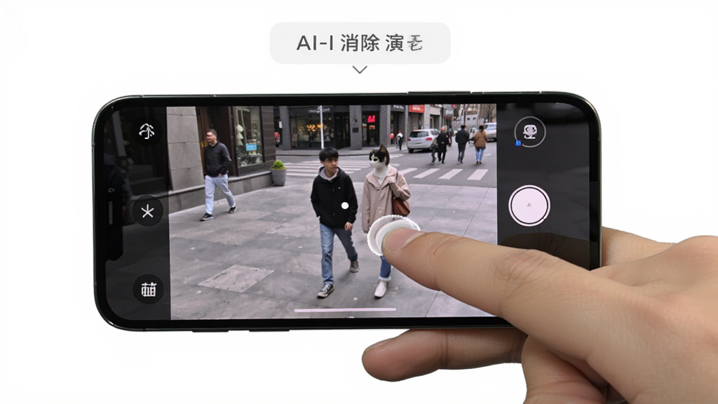 一喵修图手机操作演示图,主体为一部智能手机握在手中,屏幕显示AI消除功能涂抹路人操作,布局为第一视角手持设备,排版突出屏幕内容,风格简洁明了,细节展示手指涂抹和效果预览,画质高清干净,无多余元素