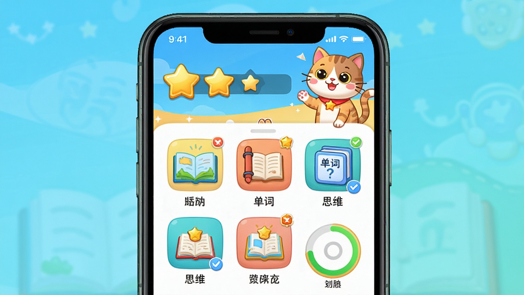 一张“博思猫科技伴学”学习资源与激励体系预览图,主体为App首页截图,展示绘本、单词、思维等图标,页面上方有星星数量与宠物猫动画,布局为宫格排列,排版活泼,风格为卡通儿童风,细节有金色勋章与进度环,画质鲜艳干净,无多余元素