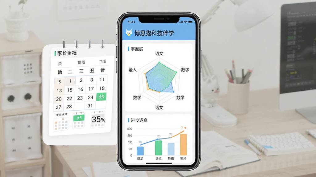 一张“博思猫科技伴学”个性化学习报告功能预览图,主体为手机端家长界面,展示雷达图与柱状图数据,包含语文、数学、英语三科掌握度百分比,布局为数据面板居中,排版清晰,风格为简约数据可视化,细节有日历打卡和进步曲线,画质高清干净,无多余元素
