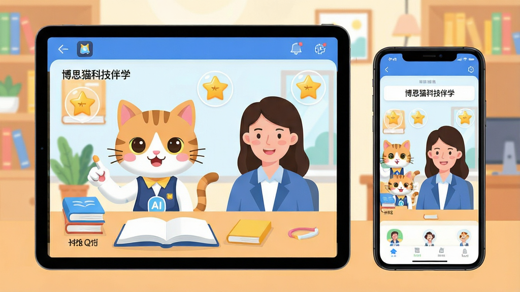 一张展示“博思猫科技伴学”软件核心全貌的预览图,主体为平板电脑与手机并排展示App界面,界面中有一位可爱的AI虚拟猫老师与一位真人辅导老师同时出现在屏幕上,背景有明亮的书房环境,布局为左右对称,排版清晰,风格为现代扁平化插画,细节包括课本、星星奖励图标,画质高清干净,无多余元素