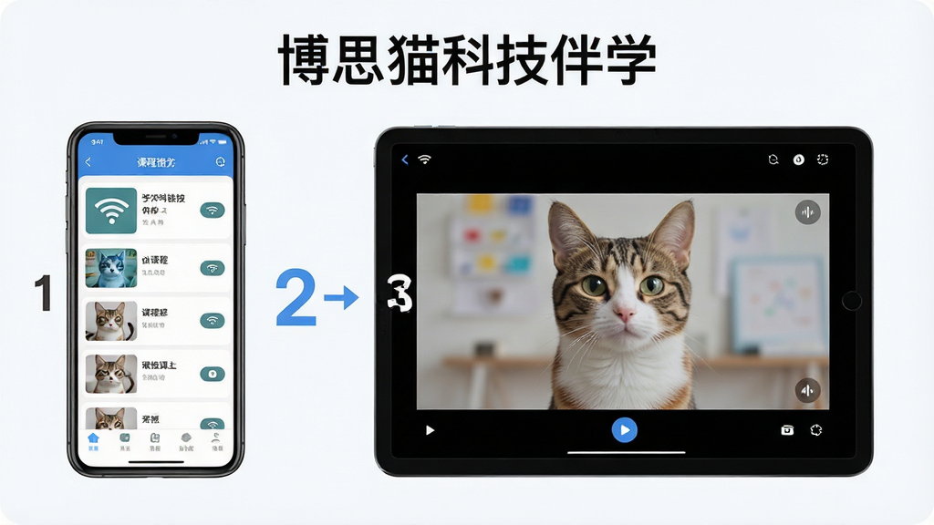 一张“博思猫科技伴学”使用指南教程预览图,主体为手机与平板并排展示App界面,手机竖屏显示课程列表,平板横屏显示视频课堂,旁边有步骤编号1-2-3,布局为左右对照,排版清晰,风格为写实与扁平结合,细节有WiFi图标、缓存按钮,画质高清干净,无多余元素