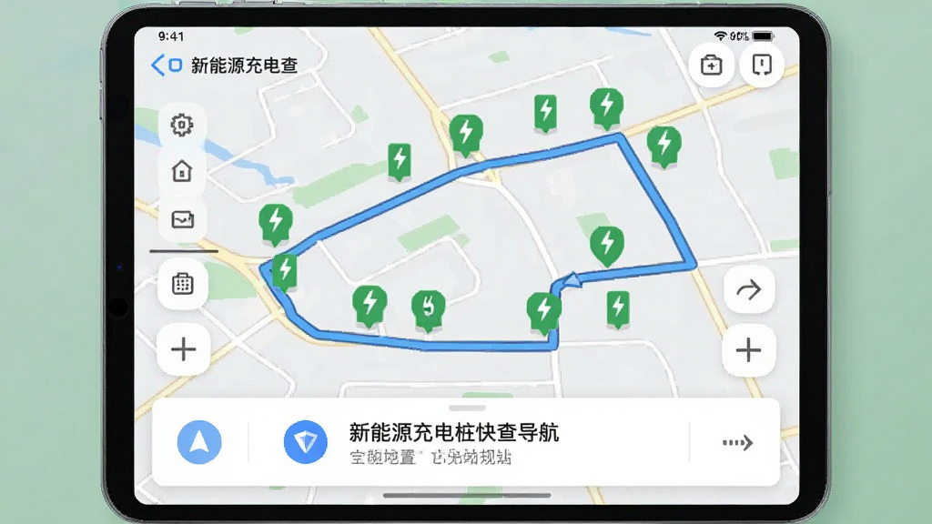 新能源充电桩快查导航界面截图,显示从当前位置到充电站的路线规划,地图上标注绿色充电站图标,底部有导航提示卡片,风格简洁,画质干净,无多余元素