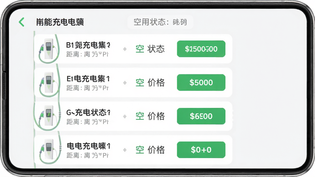 新能源充电桩快查应用内列表页预览图,展示多个充电站名称、距离、空闲状态与价格,绿色高亮按钮,扁平化设计,布局清晰,画质干净,无多余元素