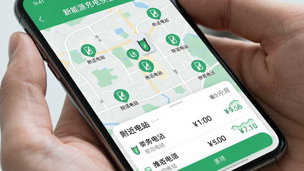 一张手机屏幕展示新能源充电桩快查主界面,地图上分布多个充电站图标,底部显示附近电站列表与价格信息,界面简洁现代,浅色背景,绿色主色调,画质干净,无多余元素