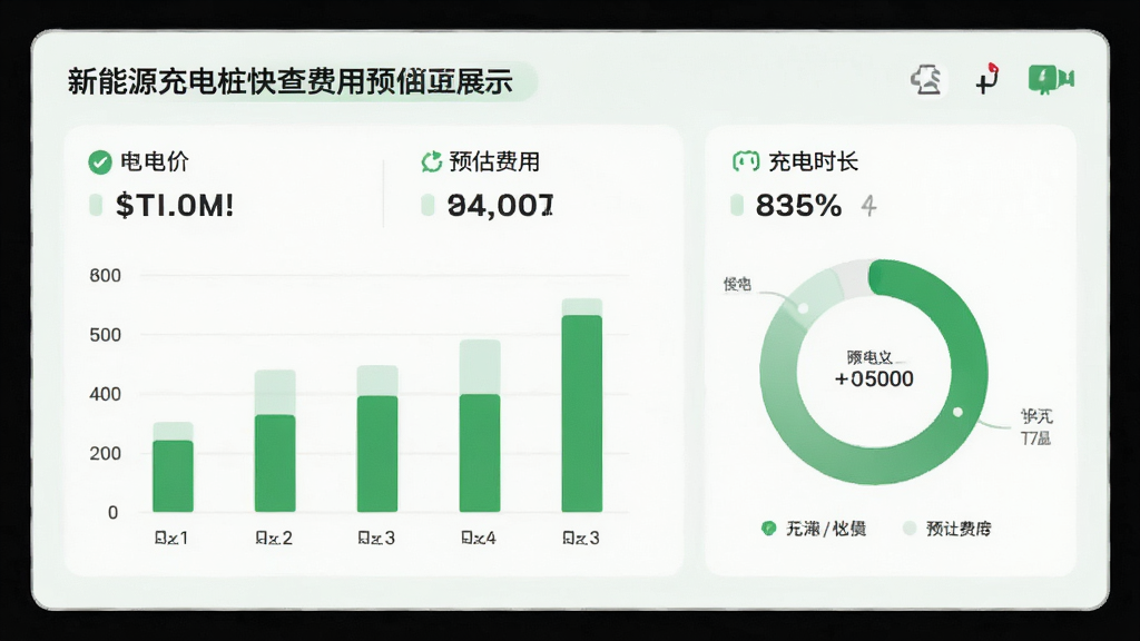 新能源充电桩快查费用预估页面展示,显示电价、预估费用、充电时长等数据,配以柱状图或环形图,浅色背景,绿色强调色,排版干净,画质细腻,无多余元素