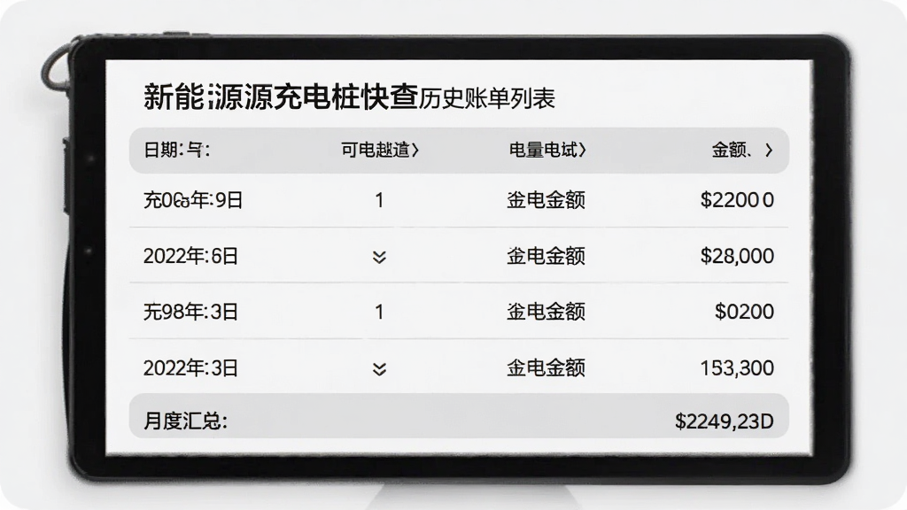 新能源充电桩快查历史账单列表,按时间排序显示充电记录,每条记录包含日期、电量、金额,底部有月度汇总,浅灰背景,表格简洁,画质干净,无多余元素
