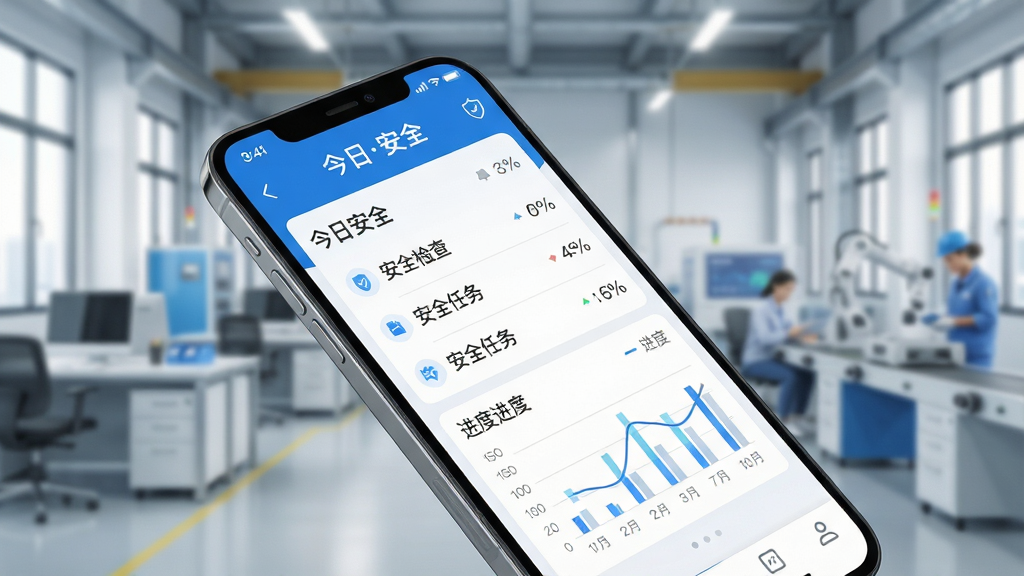 主体:一部智能手机屏幕占据画面中心,屏幕上清晰展示“今日安全”APP的主界面,界面以蓝白为主色调,显示安全检查任务列表和进度图表。布局:手机斜45度角放置,背景是虚化的现代化办公室或工厂车间环境。排版:屏幕内容清晰可辨,UI设计扁平化、简洁。风格:科技感、商务风、明亮通透。细节:手机屏幕上有“今日安全”字样,界面图表数据清晰,背景环境整洁。画质:8K超高清,细节丰富,画面干净,无多余元素。