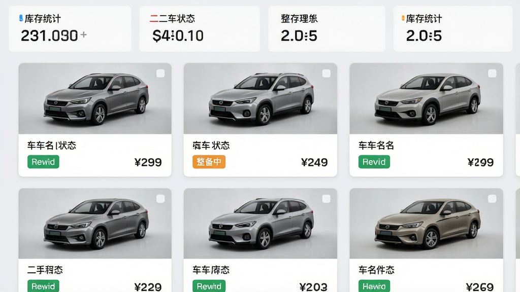 主体:二手车门店系统软件库存管理界面,以卡片形式展示多辆汽车。布局:顶部为库存统计数字,下方为车辆卡片瀑布流,每张卡片有车名、状态标签和价格。排版:卡片等间距,标签颜色区分状态。风格:现代简约,浅灰背景。细节:车辆图片统一角度,状态标签有“在售”、“整备中”。画质:高清,干净,无多余元素。