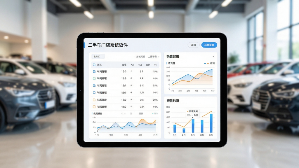 主体:二手车门店系统软件界面在平板电脑上展示,背景是现代化二手车展厅,排列整齐的汽车。布局:平板位于中央,界面显示车辆管理列表和销售数据图表,左右两侧有模糊的汽车轮廓。排版:界面清晰,图表简洁,信息层级分明。风格:科技感与商务感结合,明亮通透。细节:屏幕上的图表有蓝色和橙色数据线条,背景有柔和灯光。画质:高清,干净,无多余元素。