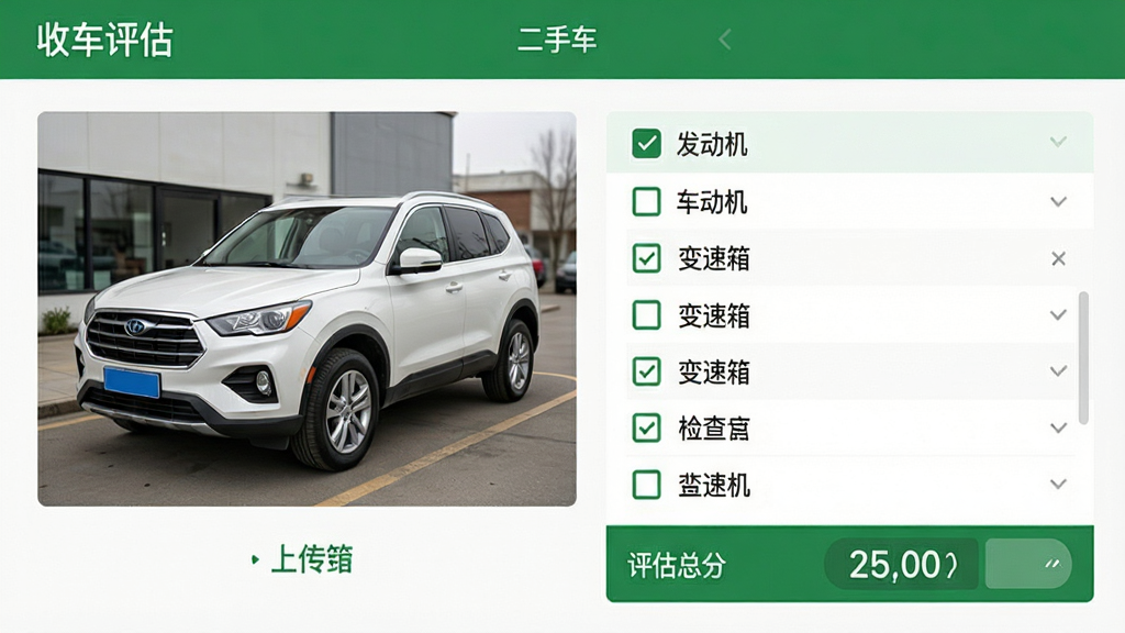 主体:二手车门店系统软件界面特写,展示收车评估页面,包含车辆照片上传区域和检查清单。布局:左侧为车辆图片,右侧为勾选式检查列表,下方有评估总分。排版:信息条目清晰,复选框排列整齐。风格:简洁商务,绿色主调。细节:界面有“收车评估”标题,车辆为白色SUV,清单包含“发动机”、“变速箱”等项。画质:高清,干净,无多余元素。