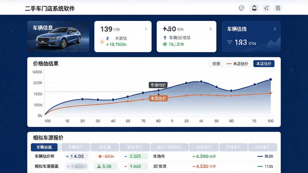 主体:二手车门店系统软件估值页面,显示车辆估价结果和价格走势图。布局:上方车辆信息卡片,中间为价格曲线图,下方为相似车源报价列表。排版:数据可视化,曲线平滑,列表清晰。风格:专业金融风,深蓝与白色搭配。细节:价格曲线标注“市场均价”和“本店估价”两条线。画质:高清,干净,无多余元素。