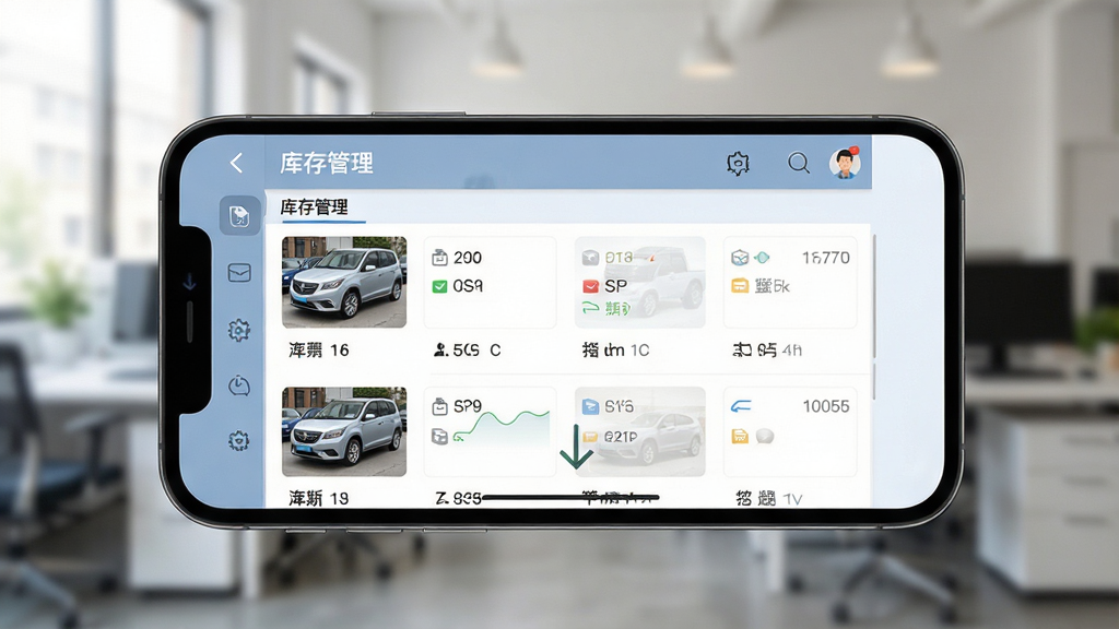 主体:二手车门店系统软件在手机上的运行界面,手机横屏展示。布局:手机居中,屏幕显示库存列表,背景为模糊的办公环境。排版:界面列表清晰,有下拉刷新指示。风格:真实拍摄感,自然光。细节:手机屏幕上有“库存管理”字样,列表有车辆缩略图。画质:高清,干净,无多余元素。