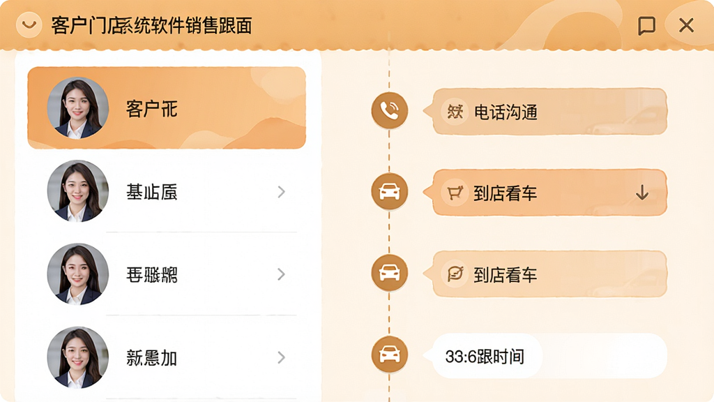 主体:二手车门店系统软件销售跟进界面,展示客户列表和跟进时间线。布局:左侧客户头像和名称,右侧为跟进记录时间轴。排版:时间轴垂直排列,节点有图标。风格:亲和商务,暖色调。细节:客户头像为真人照片,跟进记录包含“电话沟通”、“到店看车”等。画质:高清,干净,无多余元素。