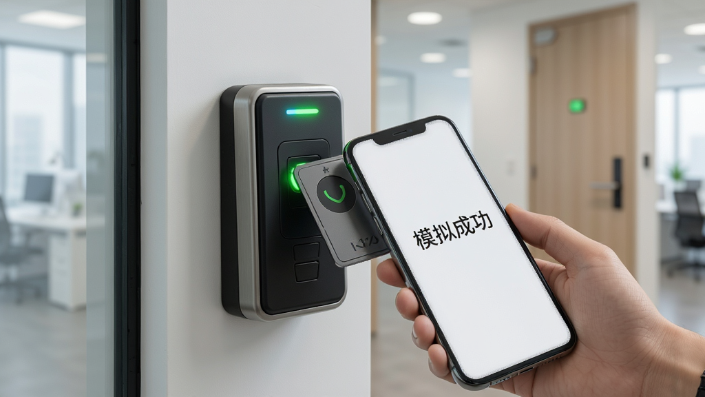一部手机正在模拟门禁卡,屏幕显示“模拟成功”的界面,手机靠近一个门禁读卡器,读卡器指示灯亮起,背景为简约的办公室门口,画面清晰,突出实际应用场景,画质高清,无多余元素