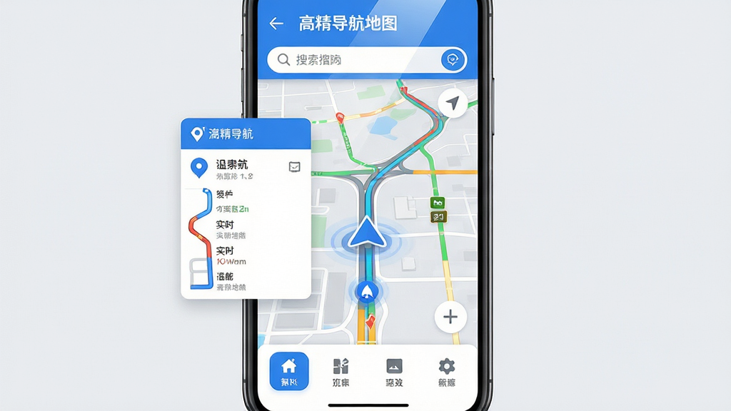 主体:一款名为“高精导航地图”的智能手机应用界面,屏幕中央显示清晰的道路网络和蓝色定位箭头。布局:手机竖屏居中展示,界面顶部为搜索栏,底部为功能按钮,左侧浮出路线信息卡片。排版:界面元素错落有致,路线线条流畅,图标简洁明了。风格:扁平化设计,色彩清新明快,主色调为蓝色与白色,搭配浅灰色背景。细节:地图上标注实时路况颜色线条,定位点带有脉冲效果,屏幕反射出微弱光泽。画质:4K超清,细节丰富,干净无多余元素。