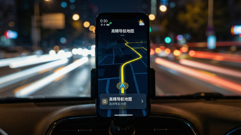 主体:一部智能手机固定在出风口支架上,屏幕显示“高精导航地图”的夜间模式界面。布局:手机屏幕特写居中,背景为虚化的城市夜景,车流形成光带。排版:屏幕地图以深蓝色与黑色为主色调,当前路线以亮黄色显示,清晰醒目。风格:写实摄影风格,明暗对比强烈,科技感十足。细节:屏幕左上角显示时间与电量,右上角有天气小图标,导航提示卡片位于屏幕下方三分之一处。画质:高动态范围成像,细节丰富,画面干净无多余元素。