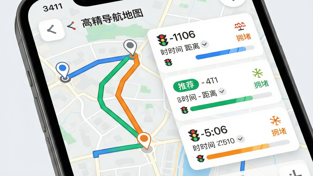 主体:智能手机屏幕特写,展示“高精导航地图”的路线规划对比界面。布局:屏幕左侧为地图,右侧弹出竖直排列的三条路线卡片,每条卡片显示时间、距离与路况色条。排版:地图上三条候选路线分别以蓝、绿、橙三色线条显示,起点与终点有明确标记。风格:UI设计现代简洁,信息层级分明,背景地图为浅色系。细节:推荐路线带有“推荐”标签,卡片上显示红绿灯数量与拥堵程度小图标。画质:超清画质,界面渲染细腻,无多余元素。