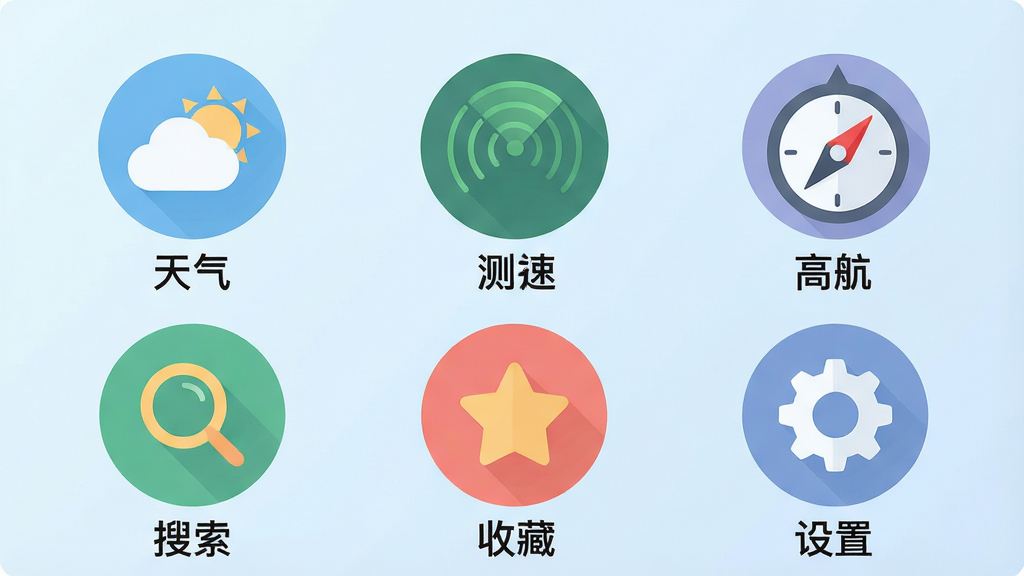 主体:一组“高精导航地图”功能图标的扁平化展示图。布局:以网格形式排列六个圆形图标,分别代表天气、测速、指南针、搜索、收藏和设置。排版:图标大小一致,均匀分布,每个图标下方带有中文文字标签。风格:扁平化设计,色彩柔和,背景为淡蓝色渐变。细节:天气图标显示云朵与太阳,测速图标带有雷达波纹,指南针图标红针指向北方。画质:矢量风格,边缘清晰,画面干净无多余元素。