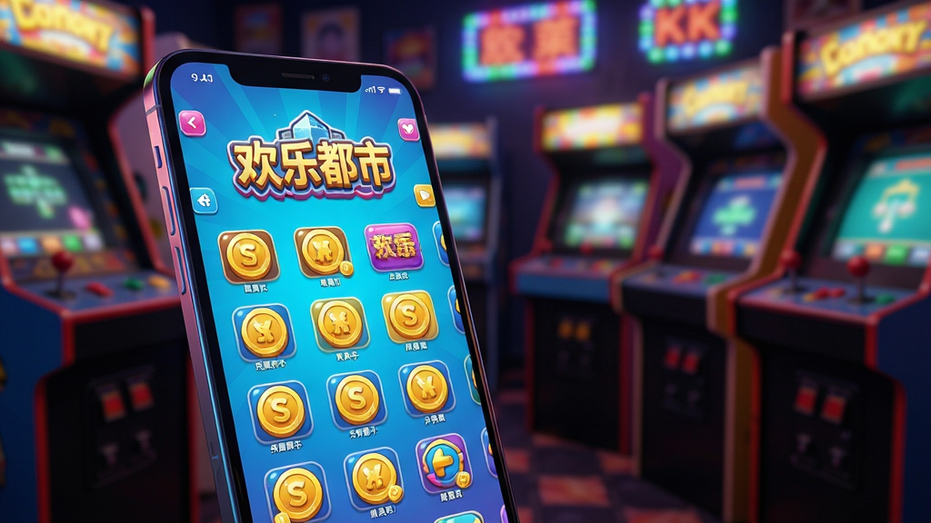 主体:一部亮着绚丽灯光的智能手机,屏幕中显示一款名为“欢乐都市”的游戏大厅界面,背景是充满怀旧感的电玩城。布局:手机位于画面中央偏左,屏幕内容清晰可见,游戏图标排列整齐,背景虚化处理,凸显主体。排版:画面简洁,主体突出,手机屏幕的亮光与周围环境形成对比,营造出沉浸式的游戏氛围。风格:现代科技感与复古怀旧风融合,色彩鲜艳明亮,光影效果真实。细节:手机屏幕内展示“欢乐都市”的LOGO和丰富的游戏币图标,背景有模糊的街机摇杆和闪烁的彩灯元素,画面干净无杂物。画质:8K超高清,细腻逼真,无多余元素。