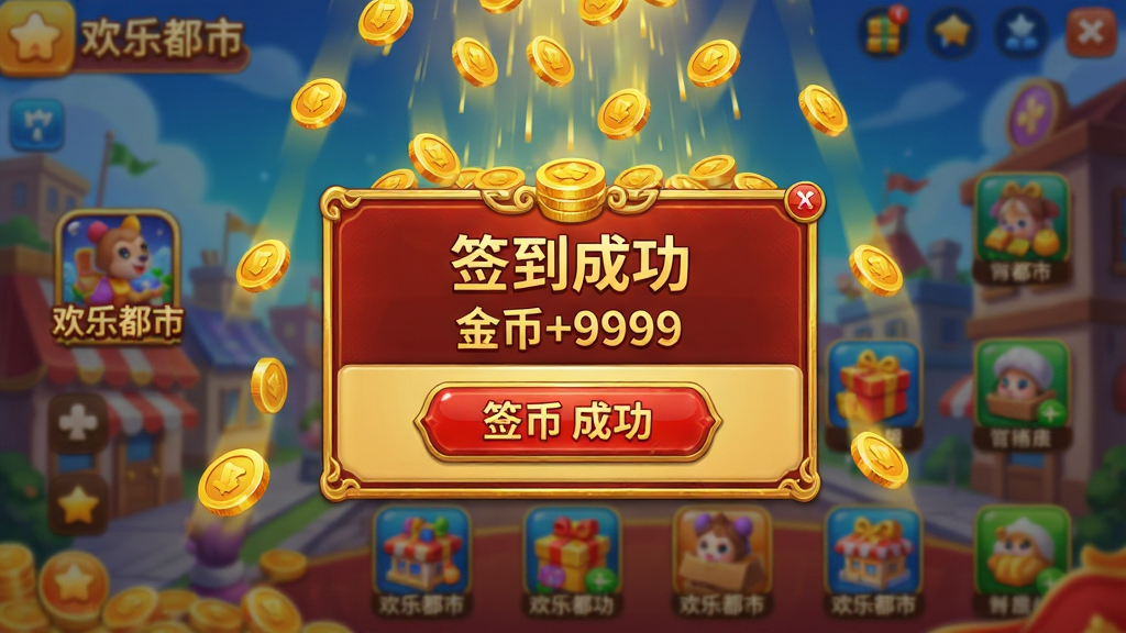 主体:手机游戏界面截图,展示“签到成功”的弹窗,金币如雨点般落下,界面上有“欢乐都市”字样。布局:签到弹窗位于画面中央,周围是游戏主界面的模糊背景,金币特效从屏幕顶部洒落,营造出丰收的喜悦。排版:弹窗设计精美,金色边框,大红按钮,视觉冲击力强,金币特效动感十足。风格:喜庆、华丽的游戏UI风格,色彩以金色、红色为主,细节丰富。细节:弹窗上显示“签到成功”和“金币+9999”字样,背景中可以看到“欢乐都市”的图标和各类游戏入口,整体画面热闹非凡。画质:高清晰度,渲染精致,无多余元素。