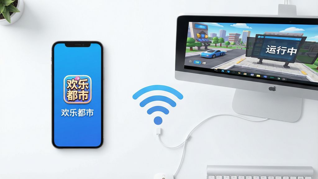 主体:一张智能手机和一台电脑并排放在桌面上的俯视图,手机屏幕显示“欢乐都市”游戏安装成功,电脑屏幕显示游戏运行画面。布局:手机在左,电脑在右,画面中央有一根连接它们的Wi-Fi信号图标。排版:构图平衡,主体突出,光线明亮柔和。风格:简洁明快的现代科技风,蓝白主色调。细节:手机屏幕上有“欢乐都市”图标,电脑屏幕上有“运行中”字样,背景干净,无杂物。画质:高清,锐利,无多余元素。