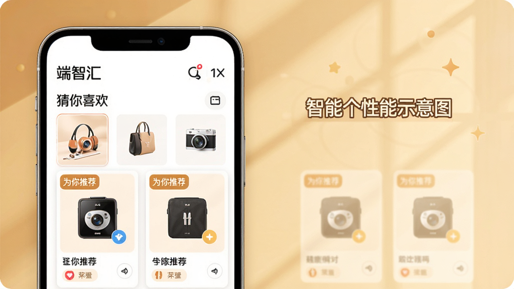 一张端智汇商城智能推荐功能示意图,画面中一部手机屏幕显示“端智汇”的“猜你喜欢”板块,下方是几件推荐商品卡片,带有“为你推荐”标签,背景为暖色调,整体风格温馨,突显个性化服务,画质清晰,干净无多余元素。