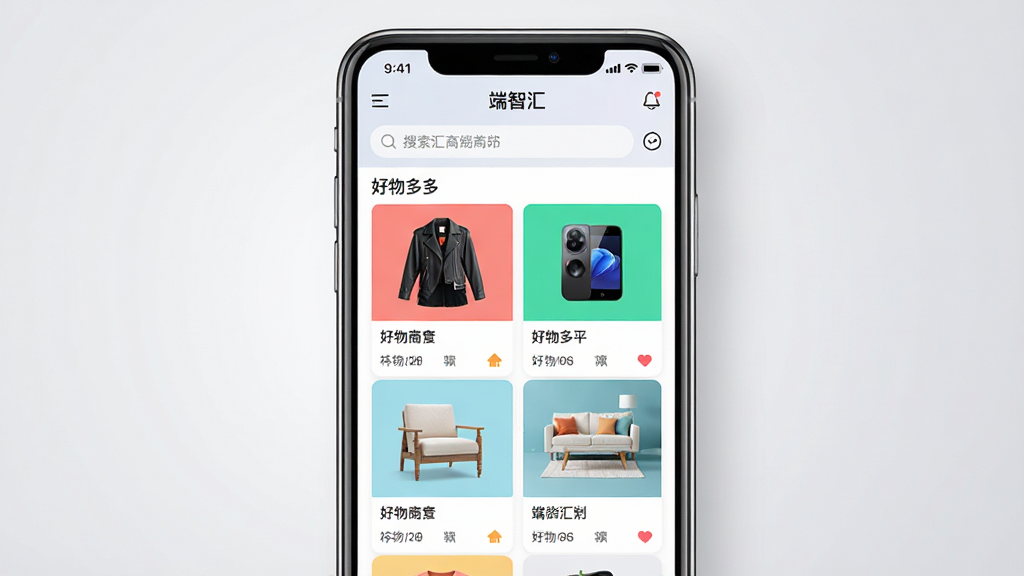 一张展示端智汇商城App界面的高清宣传图,画面中央是一部智能手机,屏幕中显示“端智汇”商城首页,顶部有搜索栏,下方是商品瀑布流,包含服饰、数码、家居等品类卡片,色彩明亮,布局整洁,背景为浅灰色渐变,整体风格现代简约,突出“好物多多”主题,画质清晰,干净无多余元素。