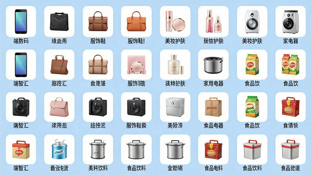 一张端智汇商城商品分类展示图,画面采用网格布局,整齐排列了“端智汇”平台上的各类商品图标,包括手机数码、服饰鞋包、美妆护肤、家用电器、食品饮料等,每个图标下方配有文字标签,背景为淡蓝色,整体风格简洁明快,突出商品多样性,画质高清,干净无多余元素。