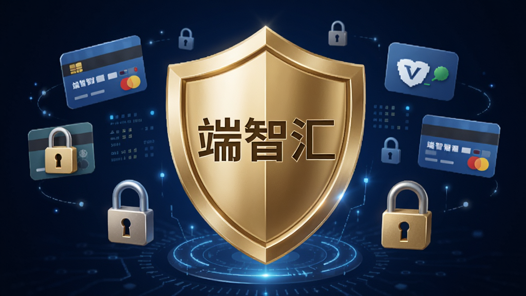 一张展示端智汇支付安全性的概念图,画面中央是一个金色盾牌图标,盾牌上刻有“端智汇”字样,周围环绕着银行卡、支付图标和锁形符号,背景为深蓝色,整体风格科技感强,突出安全可靠,画质高清,干净无多余元素。