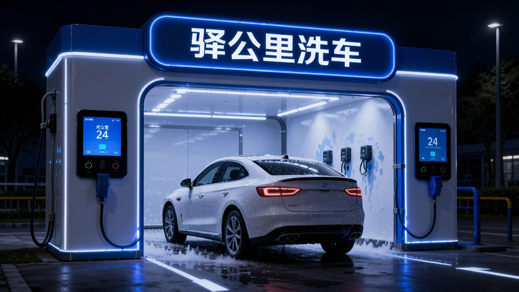 主体:“驿公里洗车”24小时无人洗车机外观,夜间灯光亮起,一辆汽车正在进入洗车机。布局:洗车机占据画面主体,车辆在入口处,采用侧面视角。排版:上方为“驿公里洗车”发光招牌,下方为洗车通道,视觉引导性强。风格:现代科技感,蓝白主色调,干净整洁。细节:设备上的操作屏幕亮着,显示欢迎界面,周围环境安静,灯光聚焦。画质:超清画质,光影效果出色,干净,无多余元素。