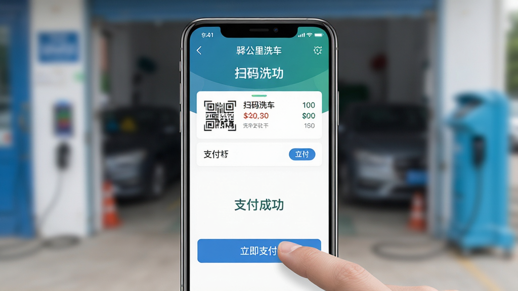 主体:一部智能手机屏幕显示“驿公里洗车”APP支付界面,手指正在点击“立即支付”按钮。布局:手机位于画面中央,背景虚化处理,突出屏幕内容。排版:手机屏幕内展示洗车套餐价格和支付选项,布局清晰。风格:简洁商务风,界面配色清爽,重点信息突出。细节:屏幕上显示“扫码洗车”和“支付成功”字样,手机外观精致。画质:高清,屏幕内容清晰可读,干净,无多余元素。