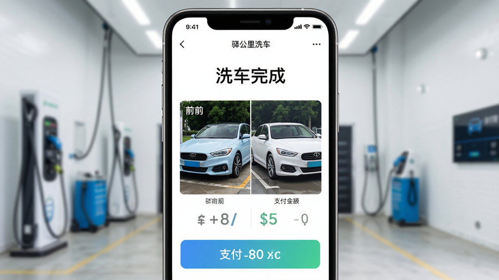 主体:手机屏幕显示“驿公里洗车”APP的洗车完成页面,展示洗车前后的对比照片和支付金额。布局:手机屏幕居中,背景为简洁的洗车网点环境。排版:屏幕上方为“洗车完成”大字,中间是车辆对比图,下方为支付按钮。风格:清新简洁,UI设计现代。细节:对比图清晰显示车辆变干净,支付金额数字明显。画质:高清,屏幕内容无眩光,干净,无多余元素。
