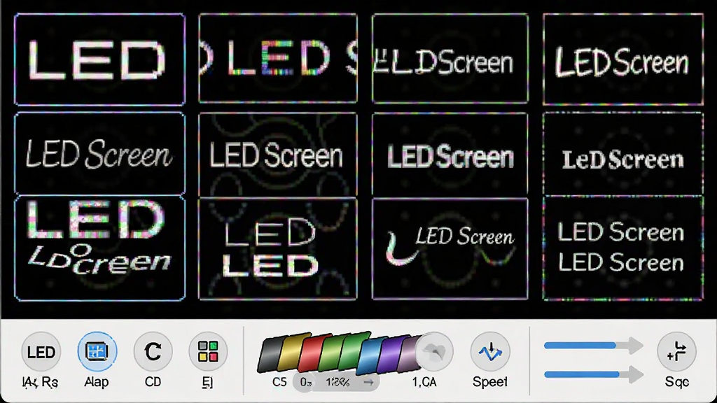 主体:LED Screen软件界面,显示各种字体和图案的预览。布局:界面分为上下两部分,上半部分为预览区,下半部分为工具栏。排版:预览区显示多种字体的“LED Screen”字样,工具栏包含字体、颜色、速度等选项。风格:简洁实用,界面清晰。细节:每个字体示例都带有边框,工具栏图标为扁平化设计。画质:高清,干净无多余元素。