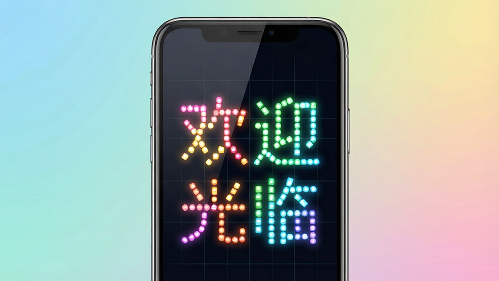 主体:一部智能手机屏幕显示LED Screen软件界面,屏幕上呈现出色彩斑斓的LED点阵文字“欢迎光临”。布局:手机居中,背景为简洁的渐变色,手机屏幕内容清晰可见。排版:文字内容居中,字体为LED点阵风格,背景有微弱网格线。风格:科技感、现代感,色彩鲜艳明亮。细节:屏幕边缘有柔和反光,点阵文字带有发光效果。画质:高清渲染,干净无多余元素。