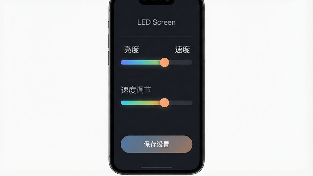 主体:手机屏幕显示LED Screen应用设置界面,包含亮度调节滑块和速度调节滑块。布局:界面简洁,滑块位于屏幕中央,下方有“保存设置”按钮。排版:滑块上方有文字“亮度”和“速度”,字体清晰。风格:扁平化设计,颜色以深色为主。细节:滑块带有渐变色彩,按钮为圆角矩形。画质:高清,干净无多余元素。