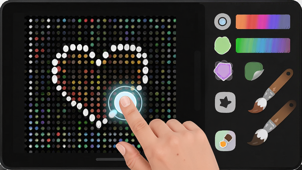主体:LED Screen软件手绘功能界面,显示用户正在用手指绘制一颗爱心。布局:界面左侧为绘图画布,右侧为颜色和画笔工具。排版:画布上有一颗未完成的爱心图案,周围有LED点阵网格。风格:创意、活泼,色彩丰富。细节:手指触控点有高亮光晕,工具图标清晰可见。画质:高清,干净无多余元素。