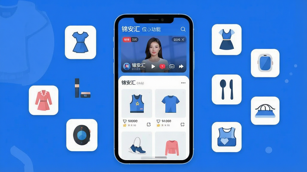 一幅展示锦安汇应用核心功能的现代扁平化概念图,画面中央是手机界面,上方为直播窗口,下方为商品瀑布流,周围漂浮着服饰、美妆、数码、餐具、家纺等商品小图标,整体布局清晰,采用蓝白主色调,风格简洁明快,细节丰富,画质干净,无多余元素,文字标注“锦安汇”字样。