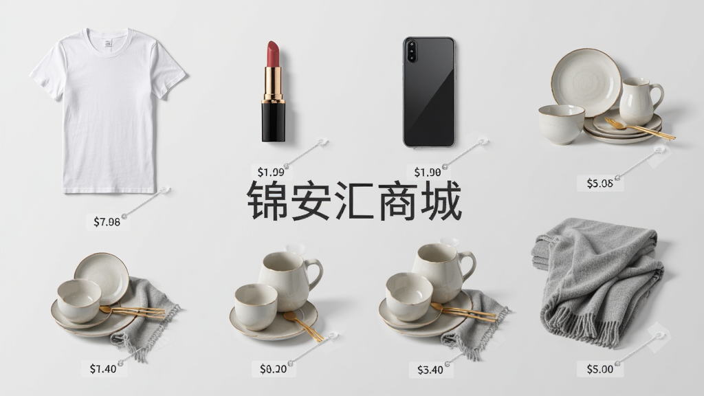 锦安汇商城全品类商品展示图,画面以浅灰色为背景,整齐排列着各类商品,包括一件白色T恤、一支口红、一部智能手机、一套陶瓷餐具、一条灰色毛毯,每个商品下方都有价格标签,整体布局规整,采用极简风格,光线柔和,细节清晰,画质干净,无多余元素,中间标有“锦安汇商城”字样。
