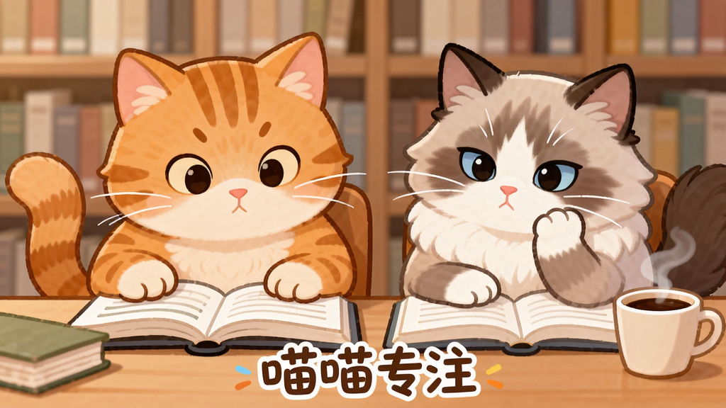 画面主体为一只卡通风格的橘猫和一只布偶猫并排坐在书桌前,桌上放着打开的课本和一杯冒着热气的咖啡。背景是模糊的图书馆书架。整体布局采用平视视角,猫咪们神情认真地看着书本。排版上,左侧猫咪用爪子按着书页,右侧猫咪托着下巴。插画风格,线条柔和,色彩温暖明亮。细节上,猫咪的毛发根根分明,眼神专注。画质高清,干净无多余元素,画面中下方带有“喵喵专注”字样的艺术字。