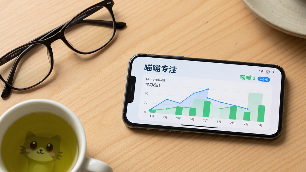 画面主体为一部智能手机横屏放置在桌面上,屏幕显示喵喵专注应用的学习统计图表。布局上,手机位于画面右侧,左侧摆放着一副眼镜和一杯绿茶。排版采用平视视角,桌面为浅木色。写实照片风格,自然光照明。细节上,屏幕上的图表以蓝色和绿色为主色调。画质高清,干净无多余元素,手机屏幕上方有“喵喵专注”的英文Logo。