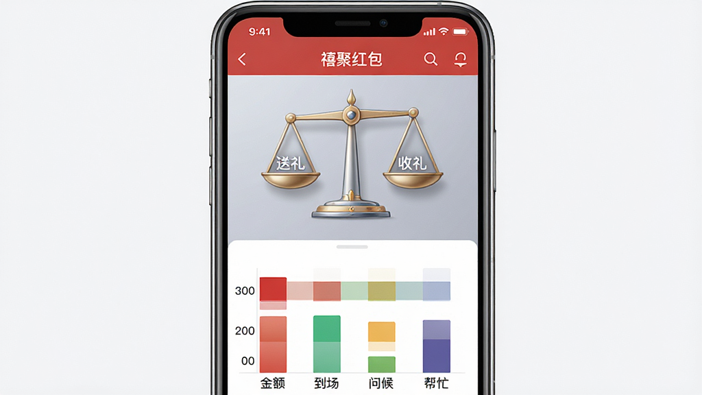 主体:手机屏幕展示“禧聚红包”的“情分秤”界面,一个天平图标左右分别显示“送礼”和“收礼”数据,下方有金额、到场、问候、帮忙四个维度条形图。布局:手机居中,天平位于上方,条形图在下。排版:数据可视化,清晰易读。风格:商务简约。细节:天平图标精致,条形图颜色区分明显。画质:高清,干净,无多余元素。