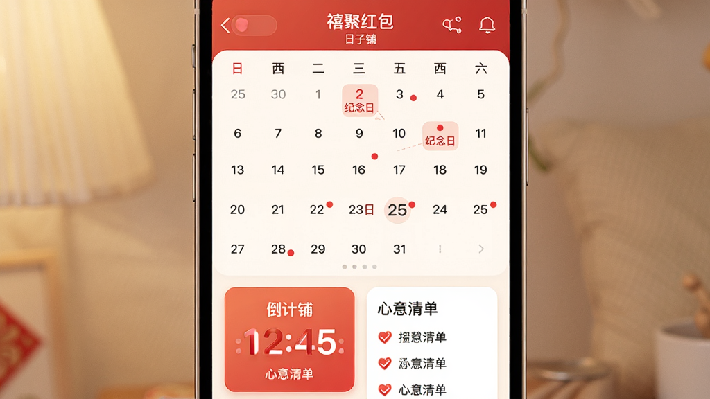 主体:手机屏幕展示“禧聚红包”的“日子铺”界面,日历视图显示日期,有红色标记的纪念日,下方有倒计时卡片和心意清单。布局:手机居中,日历在上,卡片在下。排版:日历网格清晰,卡片式设计。风格:温暖柔和。细节:红点标记特殊日期,倒计时数字醒目。画质:高清,干净,无多余元素。