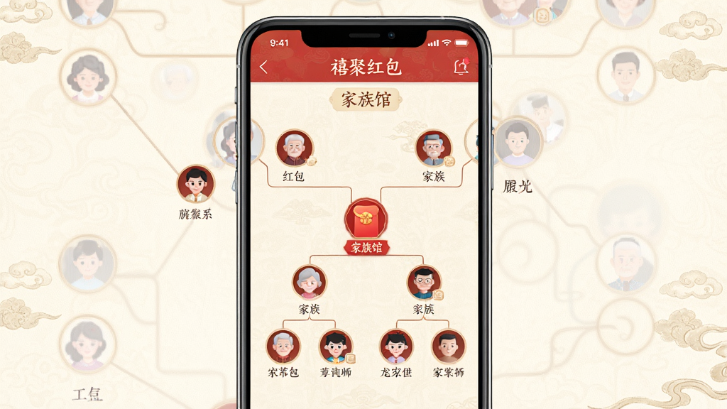 主体:手机屏幕展示“禧聚红包”的“家族馆”界面,以树状图展示家族成员关系,每个节点有头像和称谓,点击可查看详细信息。布局:手机居中,树状图从中心向四周展开。排版:层级分明,线条连接清晰。风格:古典雅致。细节:头像圆形,称谓文字清晰,背景有淡雅纹理。画质:高清,干净,无多余元素。