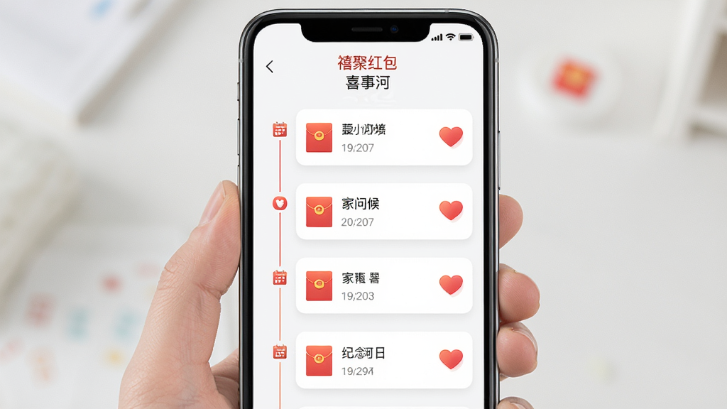 主体:手机屏幕展示“禧聚红包”的“喜事河”界面,时间流形式显示红包、问候、家事、纪念日等记录,每条记录带有日期和图标。布局:手机居中,界面从上到下滚动展示记录。排版:时间线设计,每条记录清晰分隔。风格:简约清新。细节:红包图标、日历图标、爱心图标等点缀,文字清晰。画质:高清,干净,无多余元素。